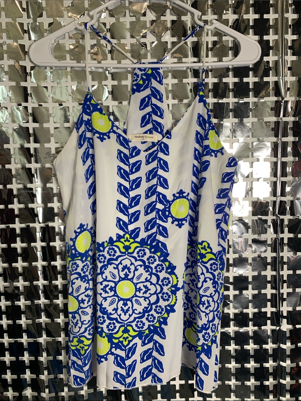 Newbury Kustom White Cami with Blue Leaf Print and Lime Accent